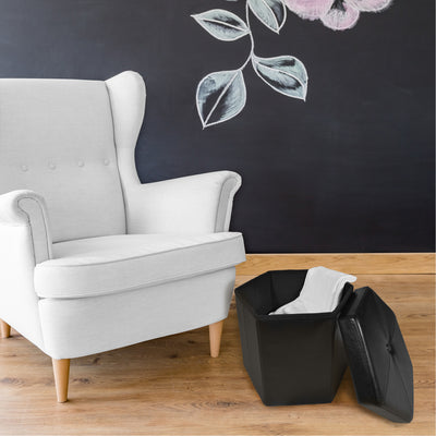 2 of 6:Collapsible Hexagon Storage Ottoman, Black Faux Leather, 15x15x15 Inches 