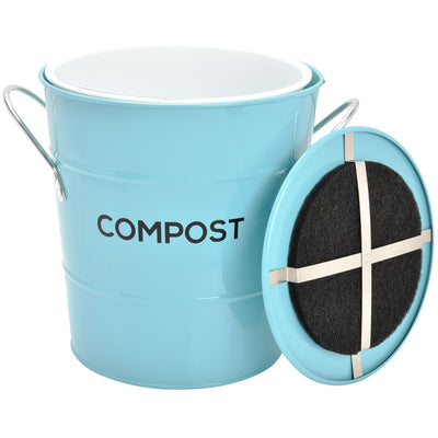 8 of 8:Spigo Steel Kitchen Compost Bin With Vented Charcoal Filter and Bucket, Turquoise, 1 Gallon 