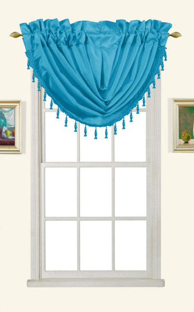 1 of 1:Melanie Faux Silk Rod Pocket Waterfall Valance With Tassels, Turquoise, 58x37 