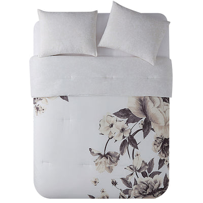 2 of 2:Parure de lit VCNY Home Rosie en microfibre douce à motif floral gris et blanc, très grand lit, 3 pièces 