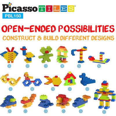 2 of 8:PicassoTiles 150 Piece Large Construction Brick Building Blocks STEM Bricks Toy Set, Multicolor 