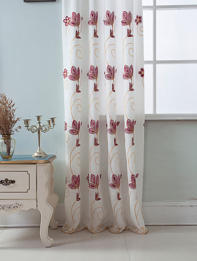 6 of 6:Vittoria Floral Embroidered Double Panel With Attached Valance, Burgundy, 54x84 Inches 