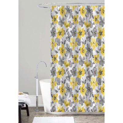 1 of 1:Cortina de ducha de lona con estampado floral de Jamie, amarillo y gris, 70 x 72 pulgadas 