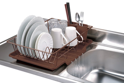 1 of 6:Home Basics 3 Piece Rust-Resistant Vinyl Dish Drainer with Self-Draining Drip Tray, Brown 