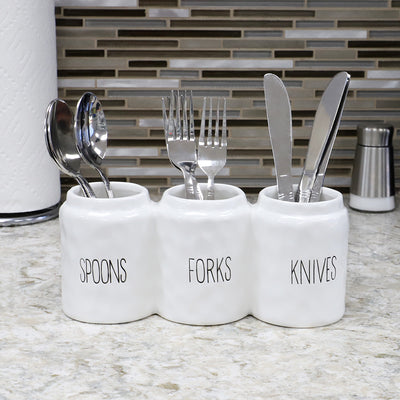 4 of 4:Home Basics 3 Compartment Glazed Ceramic Utensil Crock, White 