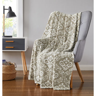 1 of 1:Damask Luxurious Printed Plush Throw Blanket, Taupe, 50x60 Inches 