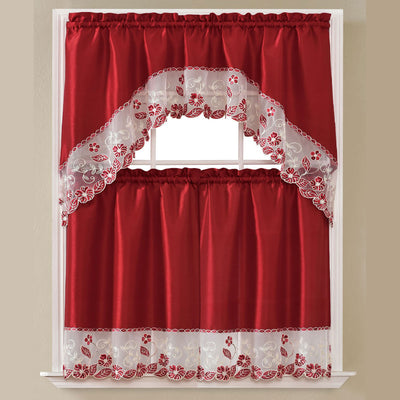1 of 1:Sophia 3-Piece Embroidered Kitchen Curtain Set With Swag Valance, Burgundy, 60x36 Inches 