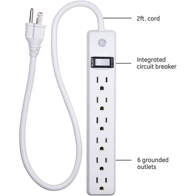 2 of 4:GE 6 Outlet Power Strip, White, 2 Feet 