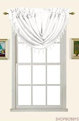 1 of 1:Cantonnière cascade Melanie en fausse soie avec passe-tringle et pompons, blanche, 58 x 37 