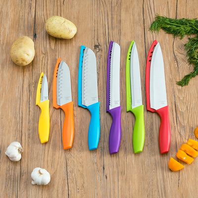 6 of 6:Home Basics 6 Stainless Steel  Knife Set with Colorful Slip Covers 
