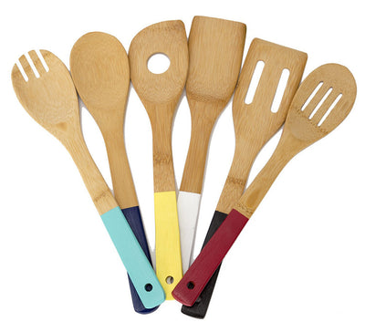 3 of 7:Ustensiles de cuisine en bois de bambou Home Basics, lot de 6, manches multicolores 