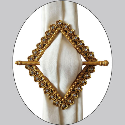 1 of 1:Premius Flower With Diamond Decorative One Pair Curtain Tie Back, Gold, 8x7 Inches 