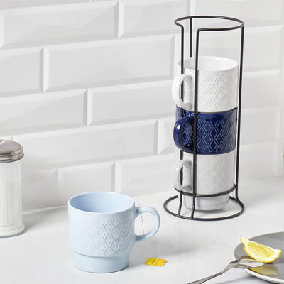 5 of 5:Ensemble de 4 tasses empilables Home Basics avec support, motif double diamant en relief 