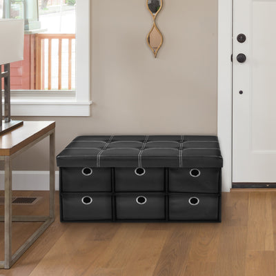 2 of 8:Collapsible 6 Drawer Storage Ottoman, Black Faux Leather, 30x15x15 Inches 