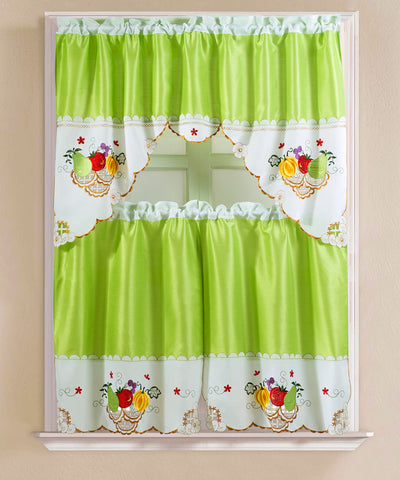 1 of 1:Vintage Fruit Embroidered Kitchen Curtain Set, Lime Green, Tier 30x36, Valance 60x36 Inches 