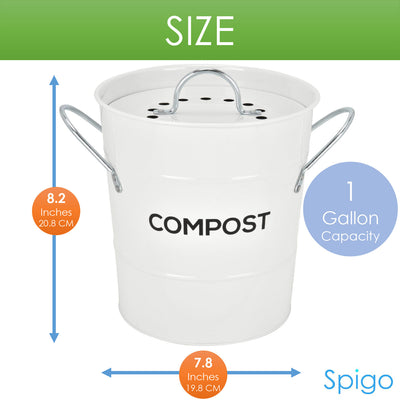 4 of 8:Spigo Steel Kitchen Compost Bin With Vented Charcoal Filter and Bucket, White, 1 Gallon 