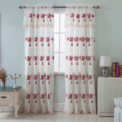 1 of 6:Vittoria Floral Embroidered Double Panel With Attached Valance, Burgundy, 54x84 Inches 