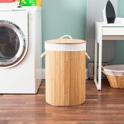 3 of 4:Home Basics Round Foldable Bamboo Hamper, Natural, 15.75x23.6 Inches 