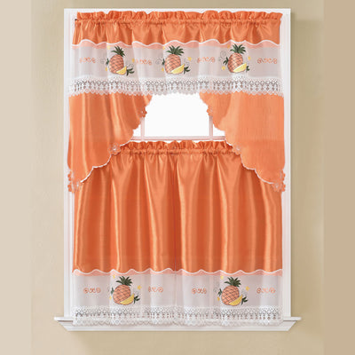 1 of 1:Amy 3-Piece Pineapple Embroidered Kitchen Curtain Set With Swag Valance, Orange, 60x36 Inches 