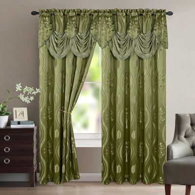 1 of 1:Rideau de fenêtre en jacquard à motif de feuilles d'arbre Aurora avec cantonnière intégrée, sauge, 54 x 84 pouces 