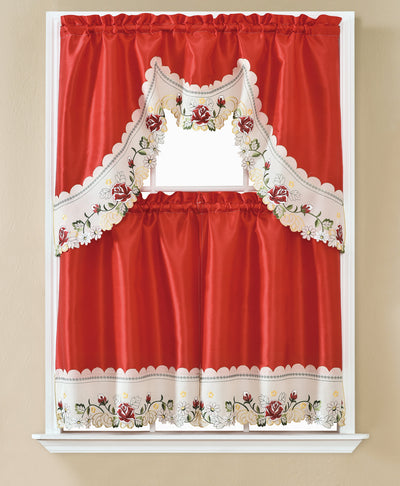1 of 1:Mala Rose Embroidered Kitchen Curtain Set, Red, Tier 30x36, Valance 60x36 Inches 