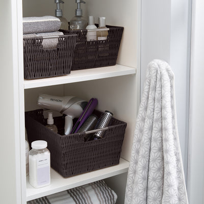 3 of 3:Simplify 3 Pack Set Rattan Tote Storage Baskets, Chocolate 