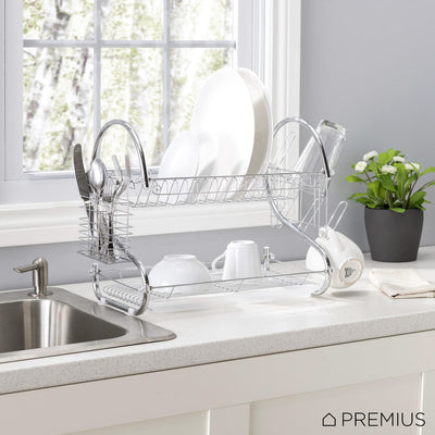 6 of 6:Premius 2-Tier Chrome Finish S-Shape Dish Rack With Removable Drainage Tray and Cutlery Holder, 16x9.75x15 Inches 