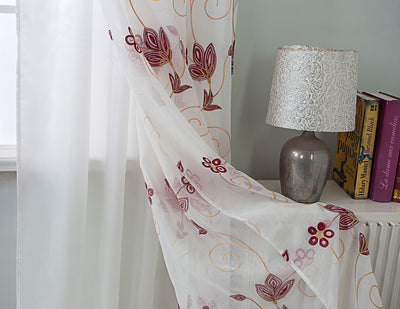 4 of 6:Vittoria Floral Embroidered Double Panel With Attached Valance, Burgundy, 54x84 Inches 