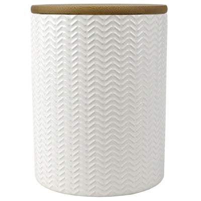 1 of 4:Home Basics Wave Bote de cerámica con tapa de bambú, blanco, mediano, 5 x 6,5 pulgadas 