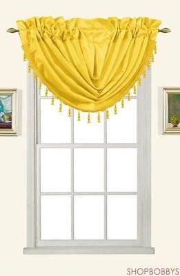 1 of 1:Melanie Faux Silk Rod Pocket Waterfall Valance With Tassels, Bright Yellow, 58x37 