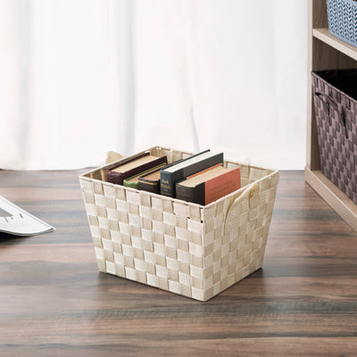 2 of 3:Home Basics Polyester Woven Strap Storage Basket, Ivory, Medium, 12x10x8 Inches 