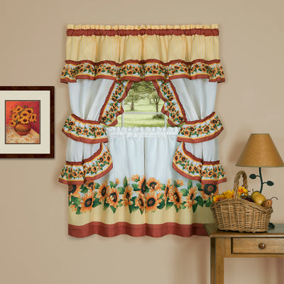 1 of 2:Black Eyed Susan Printed Cottage Kitchen Curtain Set, 57x24 Inches, Spice 