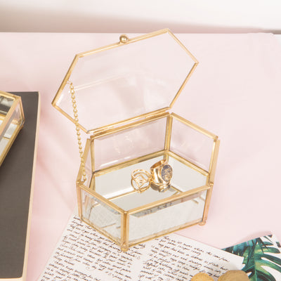 3 of 3:Detalles del hogar Caja de recuerdos de cristal con forma de diamante con fondo de espejo vintage, dorado 
