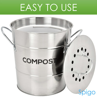 7 of 8:Spigo Steel Kitchen Compost Bin With Vented Charcoal Filter and Bucket, Satin Silver, 1 Gallon 