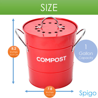 5 of 8:Composteur de cuisine en acier Spigo avec filtre à charbon ventilé et seau, rouge, 1 gallon 