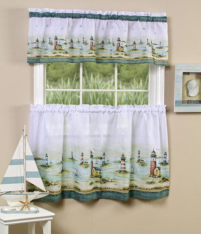 3 of 3:Hamptons Printed Kitchen Curtain Tiers & Valance Set, 58x13 & 58x36 Inches 