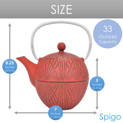 5 of 8:Spigo Hakone Cast Iron Enamel Teapot With Stainless Infuser, Red, 33 Ounces 
