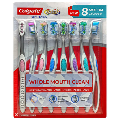 1 of 2:Colgate Total + cepillo de dientes blanqueador con limpiador de lengua, mediano, paquete de 8 