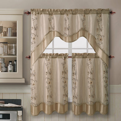 1 of 2:Daphne 3-Piece Embroidered Kitchen Curtain Swag And Tier Set, Beige-Gold, 57x36 Inches 