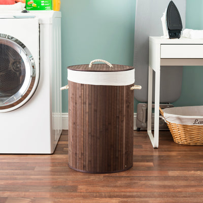 3 of 4:Home Basics Round Foldable Bamboo Hamper, Brown 