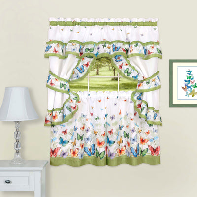 1 of 3:Juego de cortinas de cocina con estampado de mariposas, 3 piezas, verde, 57 x 36 pulgadas 