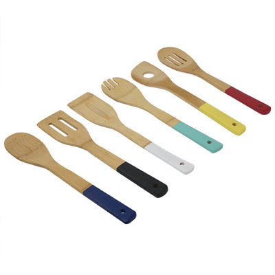 4 of 7:Ustensiles de cuisine en bois de bambou Home Basics, lot de 6, manches multicolores 
