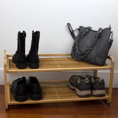 3 of 4:Home Basics 2 Tier Slatted Shelf Bamboo Shoe Rack, Natural 