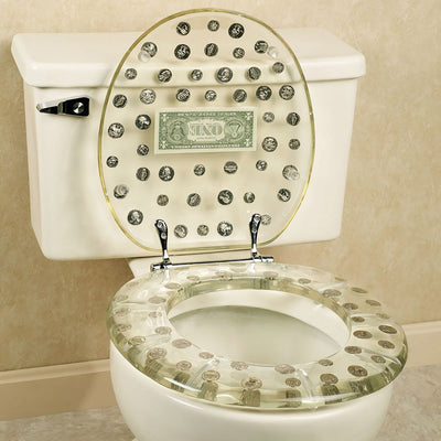 2 of 2:Siège de toilette standard en polyrésine, motif dollar et pièces, élégant et transparent 