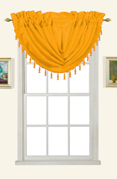 1 of 1:Cantonnière cascade en fausse soie Melanie avec passe-tringle et pompons, moutarde, 58 x 37 