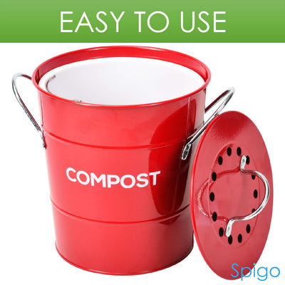 2 of 8:Composteur de cuisine en acier Spigo avec filtre à charbon ventilé et seau, rouge, 1 gallon 