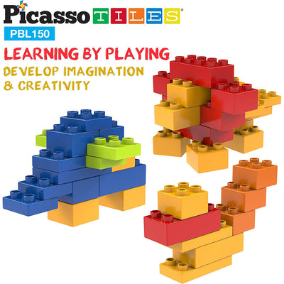 4 of 8:PicassoTiles 150 Piece Large Construction Brick Building Blocks STEM Bricks Toy Set, Multicolor 
