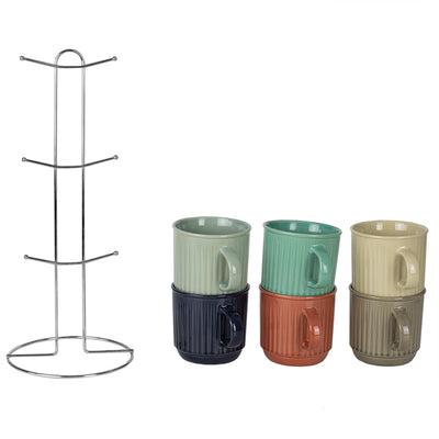 1 of 6:Home Basics 6-Piece Stoneware Mug Set With Chrome Stand, Multi, 11 Ounces 