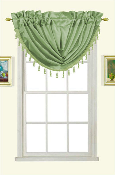 1 of 1:Cantonnière cascade Melanie en fausse soie avec passe-tringle et pompons, sauge, 58 x 37 