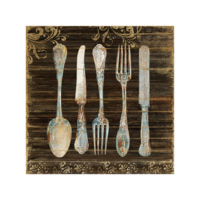 1 of 1:Premius On the Table Fork, Spoon, Knife Canvas Kitchen Wall Art, Brown, 12x12 Inches 
